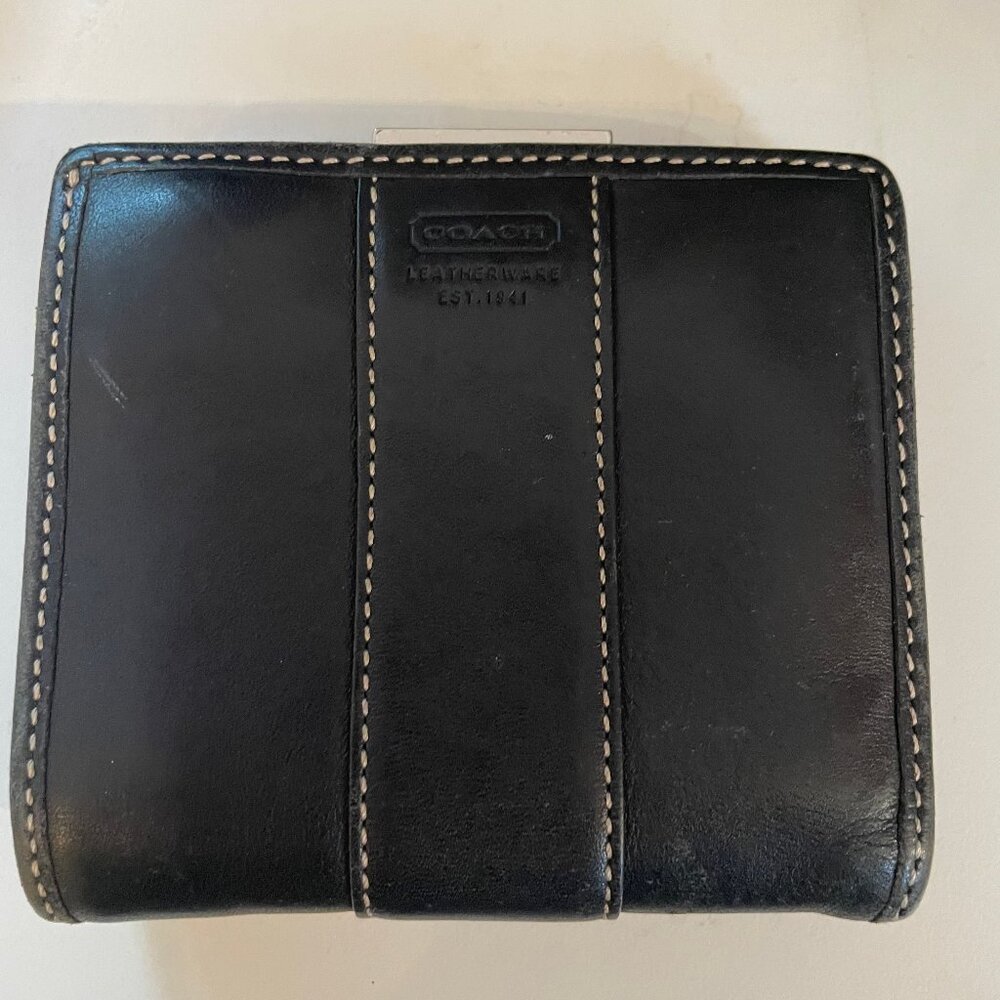 Coach black leather wallet with white contrast stitching